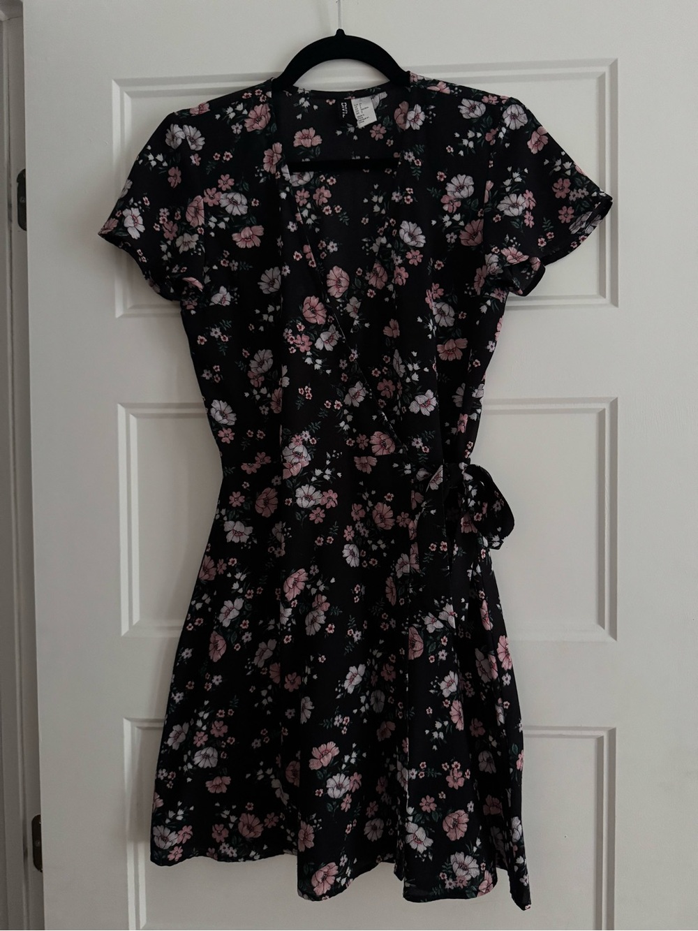 H&M Black Floral Wrap Midi Dress with Pink & White Flowers